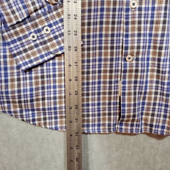 Peter Millar Shirt Mens Large Tan Blue Plaid Lightweight Collared Button Down - Picture 4 of 10